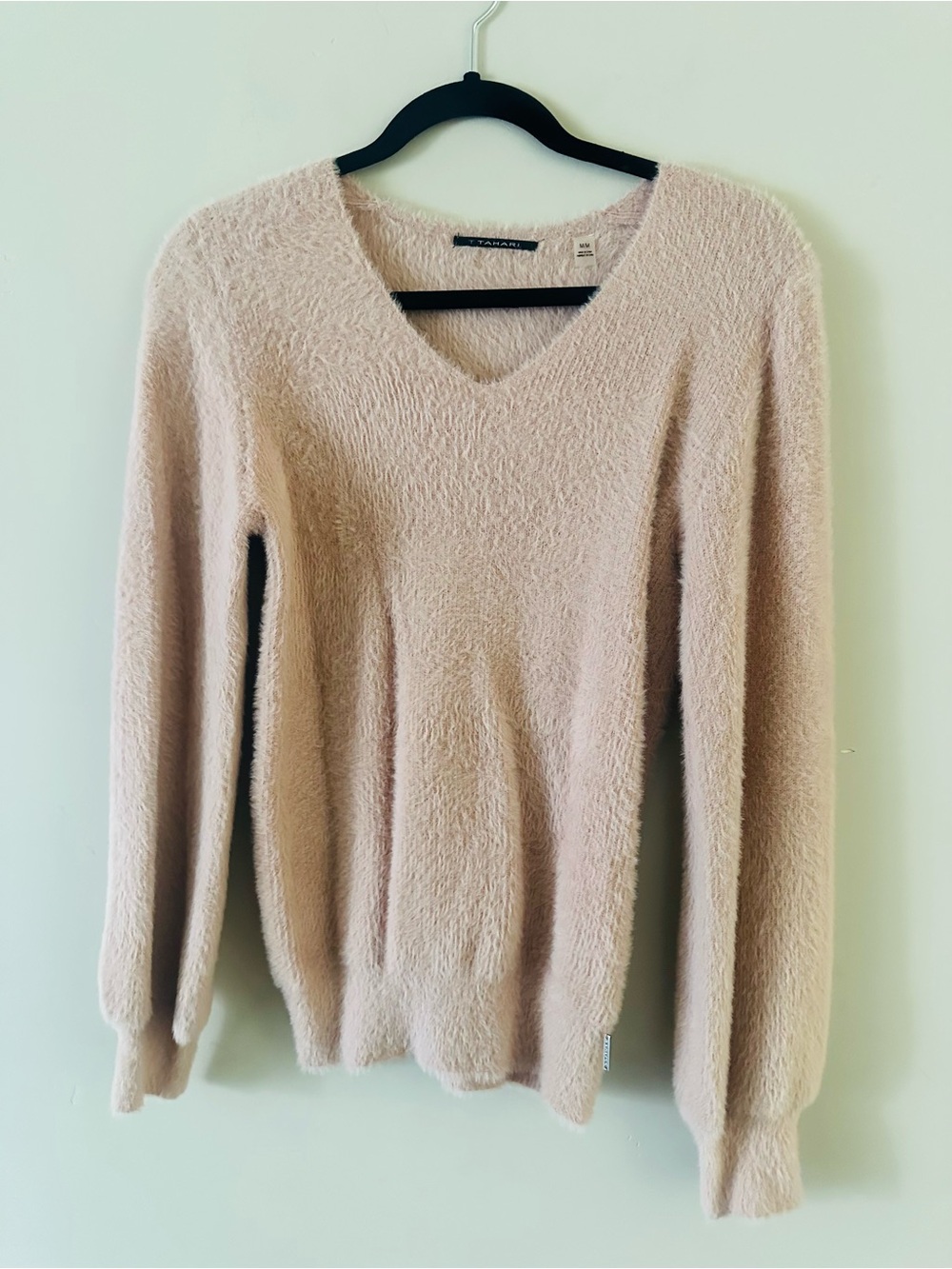 T Tahari Soft Blush V-Neck Fuzzy Sweater